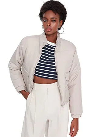 Trendyol Damen Damen Regular Puffer With Slogan Webstoff Winterjacke Coat, Greige, XS EU
