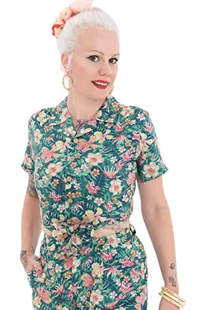 Queen Kerosin Damen Bluse Mit Tropischem Muster V Ausschnitt Kurzarm Kurzarmbluse Loose Fit Gemustert Aufschlag