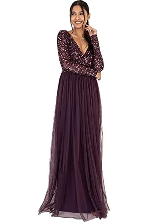 Maya Deluxe Damen Ladies Maxi For Women With Long Sleeves V Neckline Plunging Sequin Embellished For Wedding Gue Dress, , 54 EU