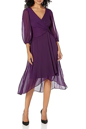 DKNY Damen Chiffon 3/4 Ärmel Faux Wrap Kleid, , 40