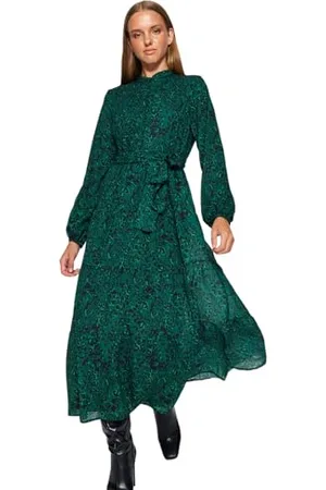 Trendyol Damen Gemustertes Kleid Aus Chiffon Mit Schärpe Und Detailliertem Futter Casual Dress, , 38 EU