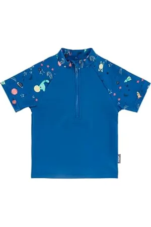 Sterntaler Badeshirt Kurzarm Weltraum Print - UV-Schutz 50+ Schwimmshirt mit Stehkragen - Jungen UV Shirt mit Frontreißverschluss und Kinnschutz - Kinder Badebekleidung, , Größe 104
