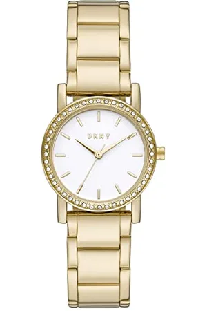 DKNY Damenuhren Soho, Dreizeigeruhrwerk, 34 mm Gehäuse aus goldfarbenem Edelstahl mit Edelstahlarmband, NY2621