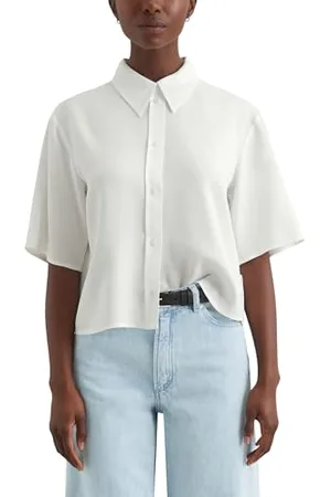 Marc O’ Polo Marc OߴPolo Denim Damen Kurzarmbluse mit Kentkragen Cropped, Weiß (Silky White), XXL