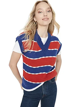 Trendyol Damen V-neck With Slogan Regular Vest Sweater, Marineblau, L EU