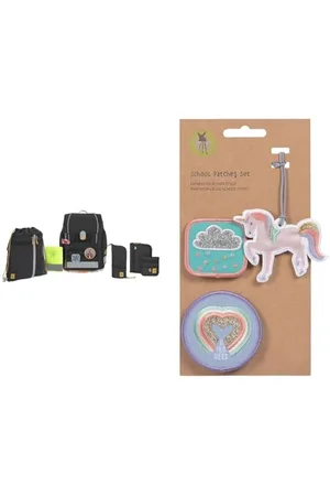 LÄSSIG 7-teiliges Schulranzen Set Kinder/School Set Boxy Unique Schwarz & Anhänger und Patches Set (3 STK.) mit Druckknopf/School Patches Set Unicorn Glitter
