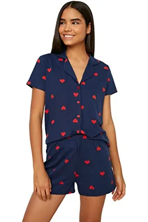 Trendyol Damen Women Heart Middle Knit Shirt-Trousers Pajama Set Pyjama, Navy Blue, S (2er Pack)