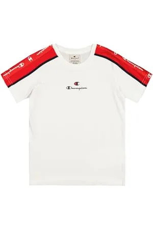 Champion Legacy Retro Sport B (306859) – Taped SS Crewneck T-Shirt, Weiß (WHT/CRD/NNY), 7–8 Jahre (S) Jungen FW24
