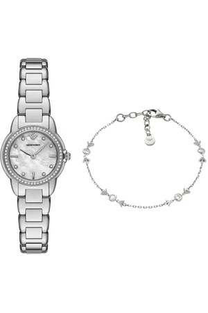 Emporio Armani Damen Silberfarbene Edelstahl Uhr und Armband Sterlingsilber, Set