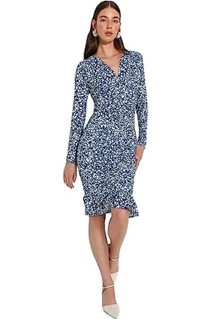 Trendyol Damen gedruckt Mini Lange Ärmel Lässig/Lässig Schlank Kleid