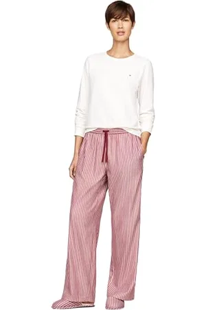 Tommy Hilfiger Damen Pyjama-Set Flannel Pants & Slipper Warm, Mehrfarbig (Ivory/Pinstripe Rouge), XS