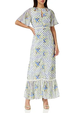HOPE & IVY Damen The Hedda Maxikleid mit Flatterärmeln, Spitzenbesatz und Ausschnittausschnitten Kleid für besondere Anlässe, blau/weiß, 36