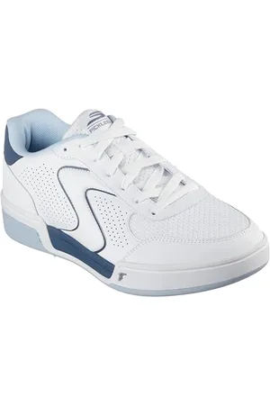 Skechers Herren Viper Court Classic Sneaker, Weißes Leder, Synthetik, Textil, Blauer Rand, 42.5 EU