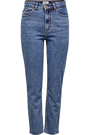 ONLY Damen Stretch MOM Jeans Gerade ONLEMILY High Waist Hose | Raw Design Roher Saum Denim Straight Pants, Farben:Blau, Größe:29W / 32L