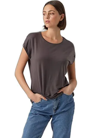 VERO MODA Damen Einfarbiges Stretch T-Shirt Basic Rundhals Top Oberteil Tief Angesetzte Schultern VMAVA, Farben:Grau, Größe:M