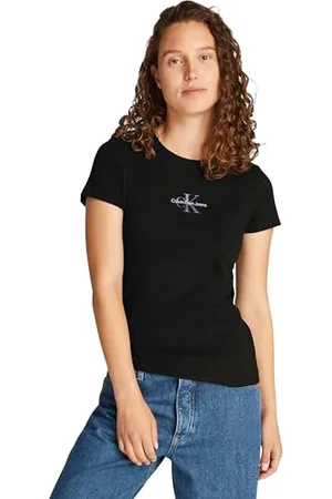 Calvin Klein Damen T-Shirt Kurzarm Gradient Monologo Tee Slim Fit, Schwarz (Ck Black), XL
