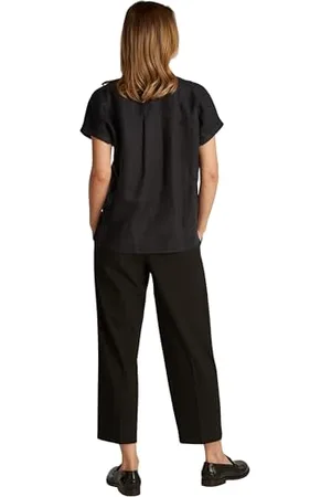 Tommy Hilfiger Damen Bluse Linen Collarless Kurzarm, Schwarz (Black), 34