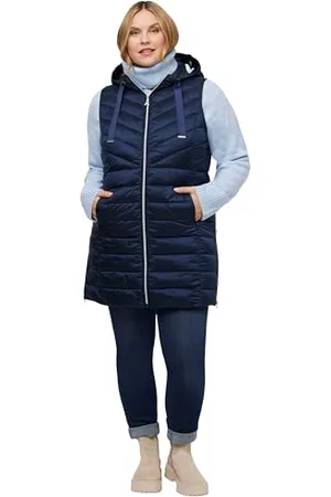 Ulla Popken Damen Long-Steppweste, Saum-Reißverschluss, Stehkragen, Kapuze Weste, , 42/44