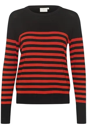 Kaffe KAlizza Striped Knit Pullover Damen Strickpullover Rundhals Pullover Streifen Sweatshirt Elegant Oberteile Langarmshirt Pulli Black/Red Stripe L