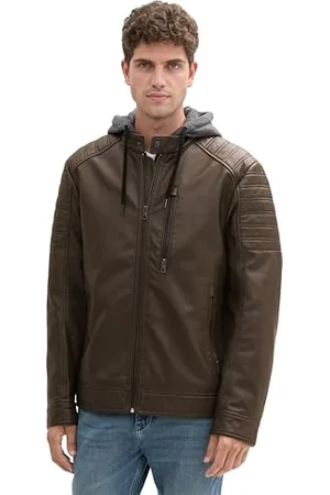 TOM TAILOR Herren 1041317 Fake-Lederjacke im Biker-Style mit Kapuze, 36359-Chestnut Leather, XXL