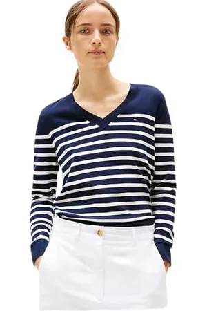 Tommy Hilfiger Damen Pullover Jersey Stitch V-Neck Strickpullover, Mehrfarbig (Her Stp Dark Night Navy/ Country Iv), M