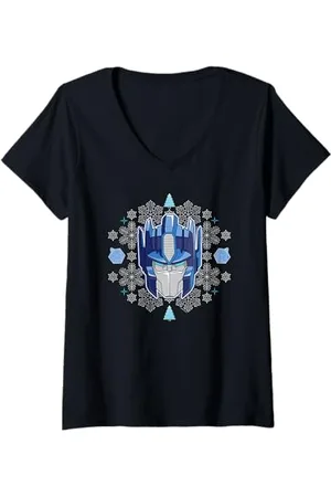 TRANSFORMERS Damen Evergreen Christmas Optimus Face Snowflakes T-Shirt mit V-Ausschnitt