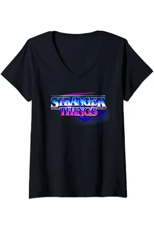 Stranger Things Damen Airbrush mit elektrischem Logo, Vintage-Retro, Blau T-Shirt mit V-Ausschnitt