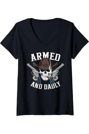 Graphic 365 Damen Cowboy Skull Smoking Cigar Armed and Dandy Western-Grafik T-Shirt mit V-Ausschnitt