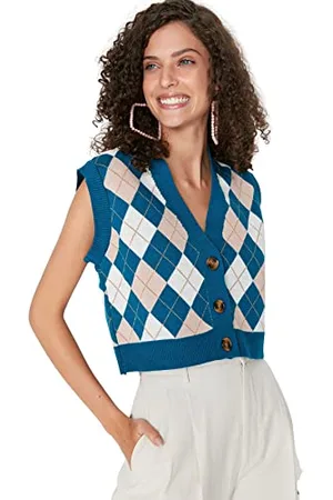 Trendyol Damen V-neck Plaid Regular Vest Sweater, , S EU