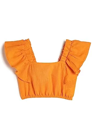 Koton Girls Linen Crop Blouse Butterfly Sleeve Square Neck