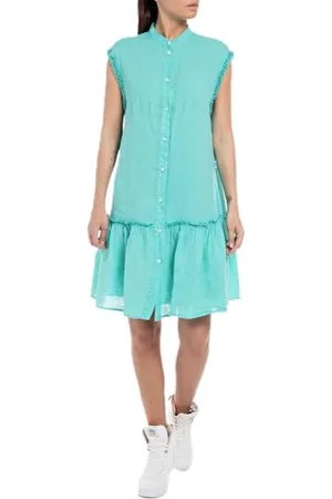 Replay Damen Kleid Kurzarm aus Leinen, (Blau), L