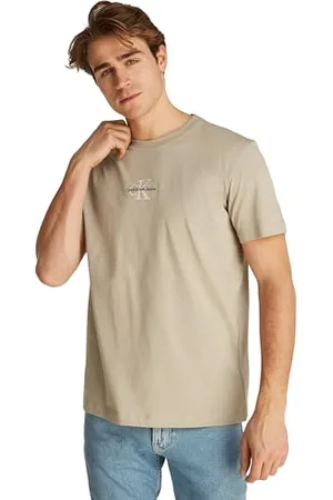 Calvin Klein Herren T-Shirt Kurzarm Monologo Tee aus Baumwolle, Beige (Aluminum), XL