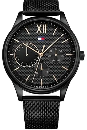 Tommy Hilfiger Herren-Multifunktions-Quarzuhr mit 44 mm - Schwarzes Zifferblatt mit Clou de Paris Muster, Schwarzes Edelstahl-Mesharmband, Wasserbeständig bis 5ATM - 1791420