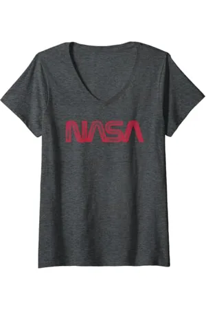 Nasa Damen Distressed Rotes Wurmlogo T-Shirt mit V-Ausschnitt