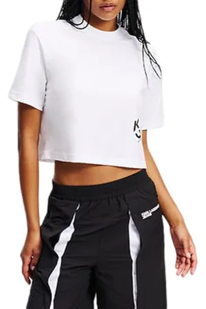 Karl Lagerfeld Reg Cropped Monogram Tee, Women, White, T-Shirt