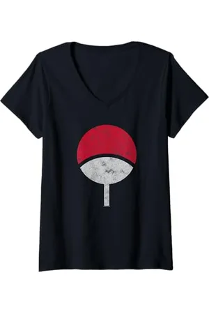 Naruto Damen Shippuden Sasuke Uchiha Symbol Distressed T-Shirt mit V-Ausschnitt