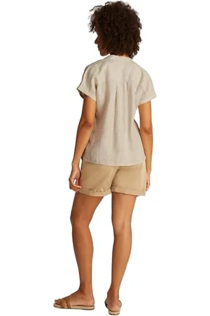 Tommy Hilfiger Damen Bluse Linen Collarless Kurzarm, Mehrfarbig (Classic Ithaca/ Sandalwood), 40