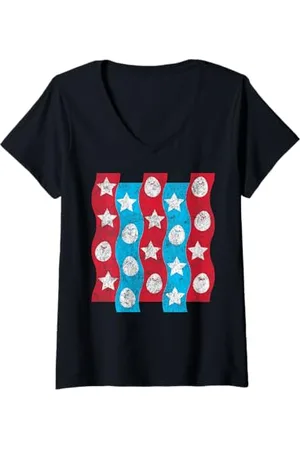 Sanrio Damen Gudetama Eggs and Bacon Stars and Stripes T-Shirt mit V-Ausschnitt