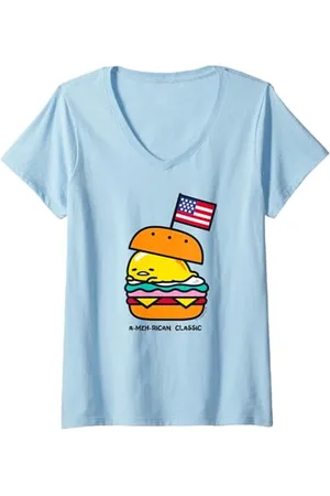Sanrio Damen Gudetama A-meh-rican America Burger T-Shirt mit V-Ausschnitt