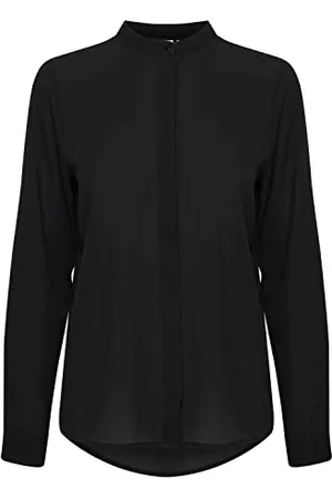 Ichi IHCELLANI SH Damen Lange Bluse Langarm Basicbluse mit kleinem Stehkragen Abgerundeter Saum mit Knopfleiste Regular Fit, Größe:38, Farbe: