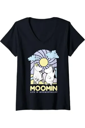 Moomin Damen Life In valley Buntglas-Stil, dunkel T-Shirt mit V-Ausschnitt