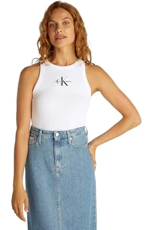 Calvin Klein Damen Tank Top Monologo Rib Skinny Fit, Weiß (Brilliant White), S