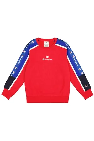 Champion Legacy Retro Sport B (306857) – Ultraleichtes, weiches, kompaktes Fleece-Sweatshirt mit Rundhalsausschnitt, Vermilion/Deep Blue (CRD/BAI/WHT), 11–12 Jahre (L), Jungen HW24