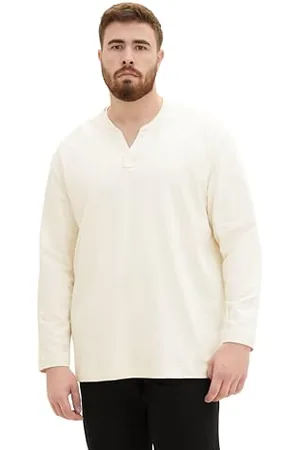 TOM TAILOR Herren Plussize Serafino Longsleeve, beige herringbone structure, 3XL