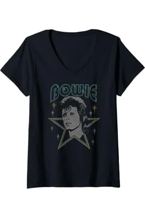 David Bowie Damen - Blauer Ziggy Stardust T-Shirt mit V-Ausschnitt