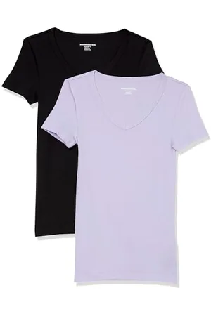 Amazon Damen Kurzärmeliges T-Shirt mit V-Ausschnitt, Schmale Passform, 2er-Pack, , L