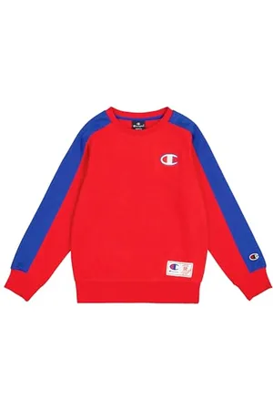 Champion Legacy Retro Sport B (306850) – Ultraleichtes, weiches, kompaktes Fleece-Sweatshirt mit Rundhalsausschnitt, Vermilion/Deep Blue (CRD/BAI), 5–6 Jahre (XS), Jungen HW24
