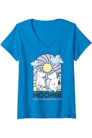 Moomin Damen Buntglas-Stil Leben im valley Licht T-Shirt mit V-Ausschnitt