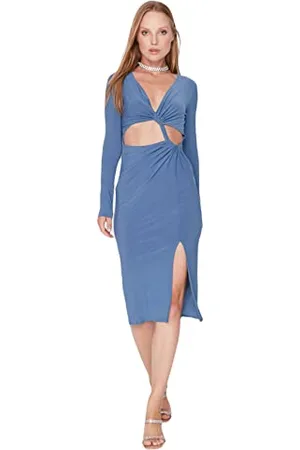 Trendyol Damen Figurbetont Bodycon V-Ausschnitt Webstoff Kleid, , 38