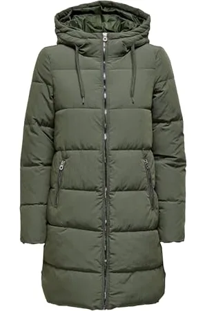 ONLY Damen Lange Puffer Jacke | Warmer Stepp Wintermantel mit Kapuze | Wattierter Blouson ONLDOLLY, Farben:Khaki, Größe:S